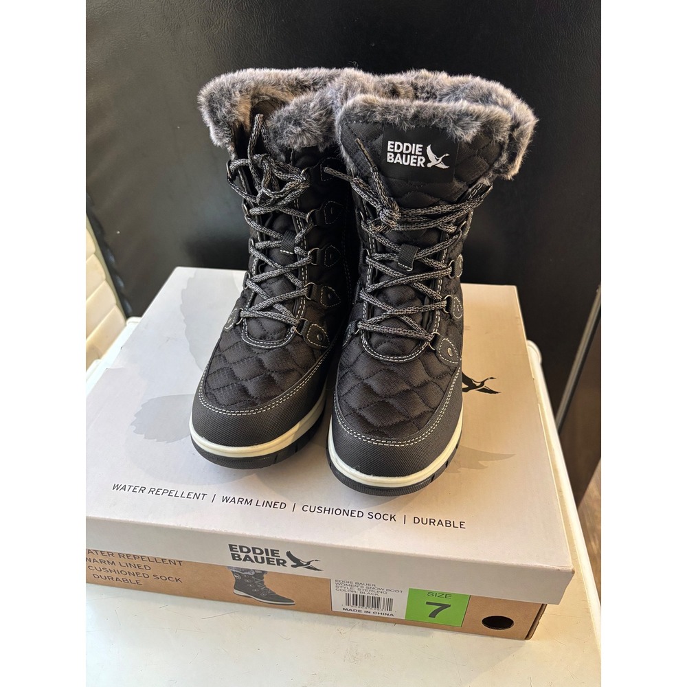 Eddie Bauer Sterling Womens Snow Boots Black Faux Fur Water‎ Repellent Size 7